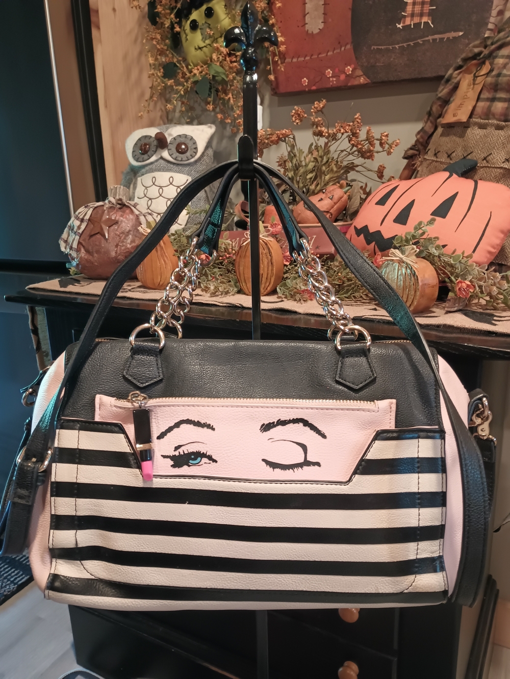 Vintage Y2K Betseyville Hello Lips Winking Face Striped Satchel